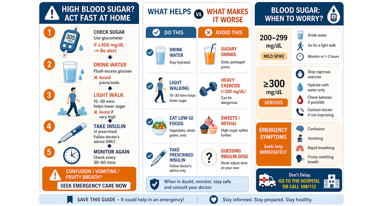 how to reduce high blood sugar quickly at home, including warning signs, hydration, insulin use, foods to avoid, and emergency symptoms.